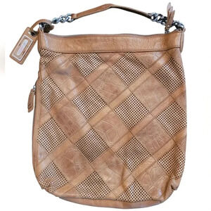 B. MARKOWSKY XL BOHO leather pebbled perforated Patchwork shoulder bag purse TAN